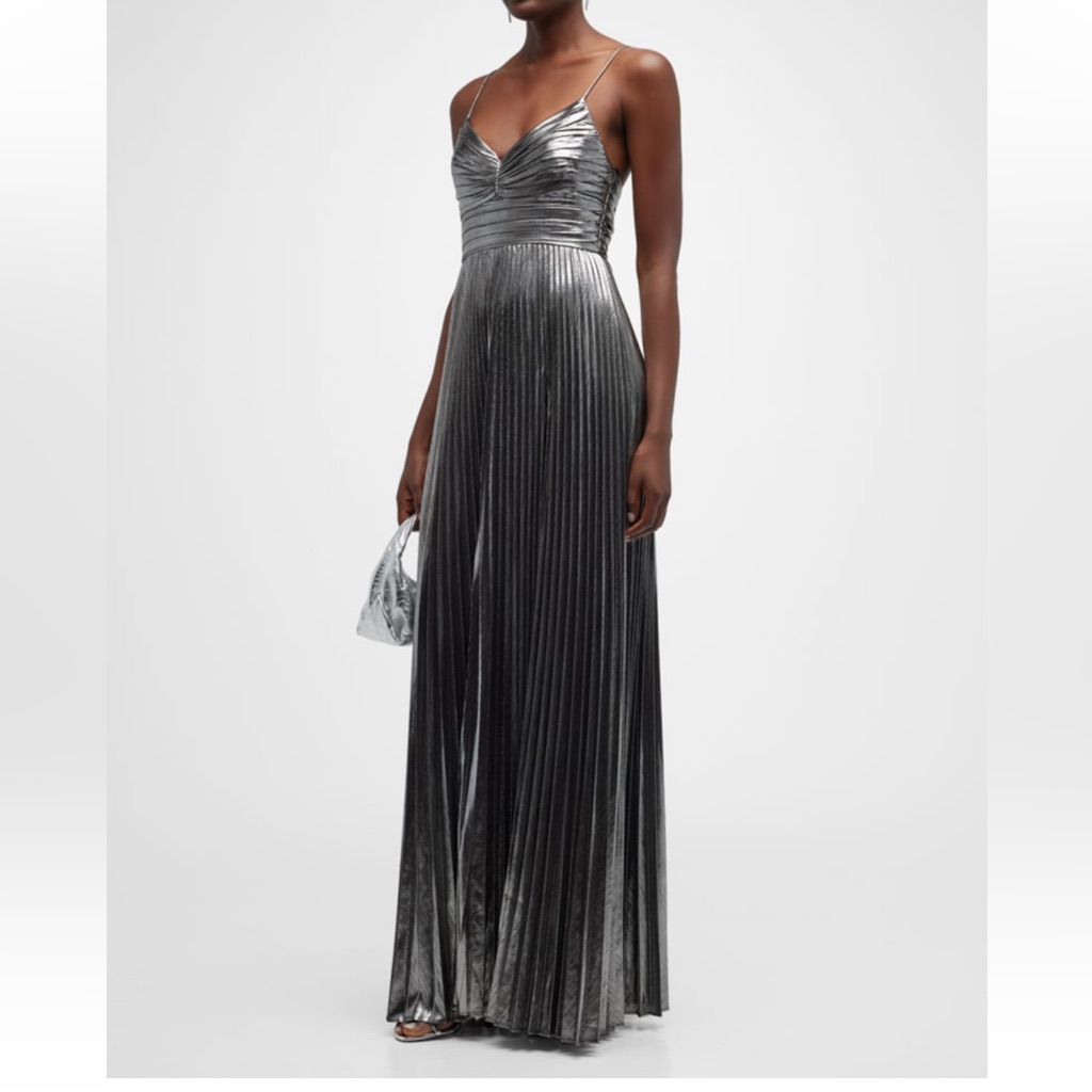 Retrofete Silver Pleated Maxi Dress Spaghetti Strap